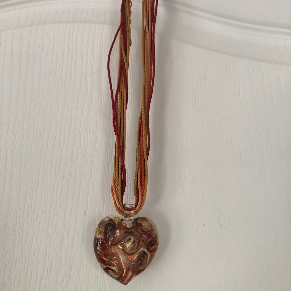 Vintage Murano Art Glass Heart Necklace in Burgundy and Gold Foil